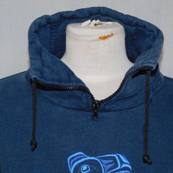 VTG Fuzzy Stonewash 1/4 Zip native embroidered oversized Sweatshirt XS unisex - Picture 2 of 12